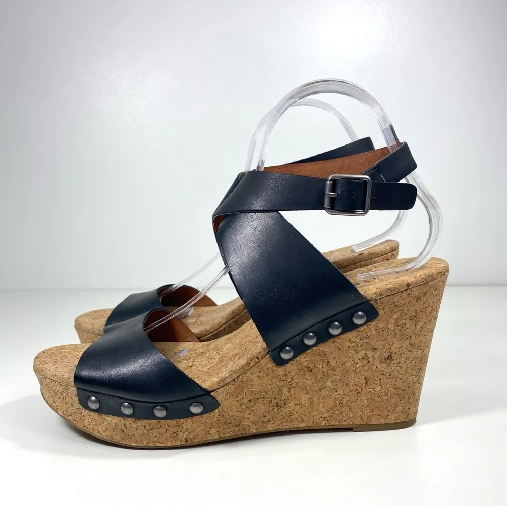 Lucky Brand Missy Black Leather Strappy Studded Cork Platform Wedge Sandals 10